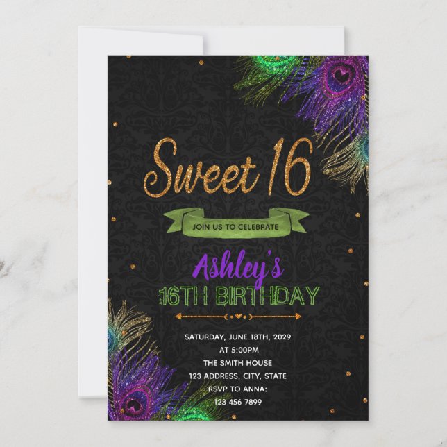 invitación de cumpleaños 16 de pavo real (Anverso)
