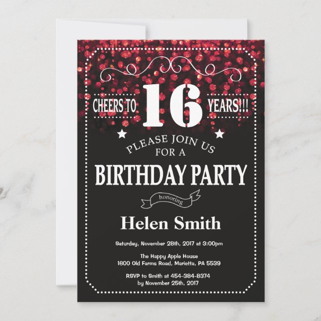 Invitación de cumpleaños 16 de Purpurina Rojo (Anverso)