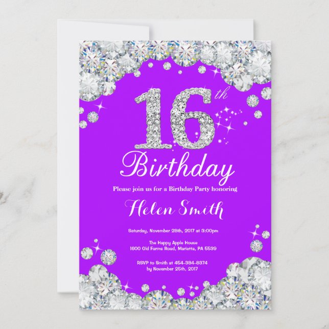 Invitación de cumpleaños 16 Diamante morado y plat (Anverso)