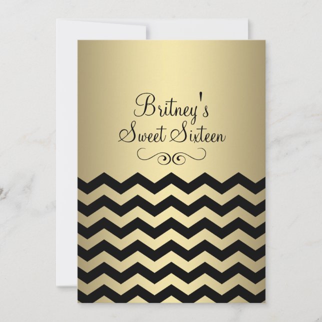 Invitación de cumpleaños 16 dorado y negro Chevron (Anverso)