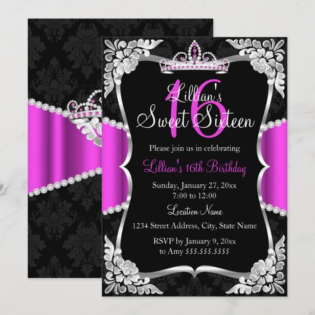 Invitación de cumpleaños 16 dulce corona de plata  (Anverso / Reverso)