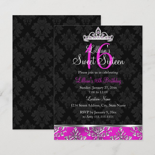 Invitación de Cumpleaños 16 Dulce Tiara de Damasco (Anverso / Reverso)