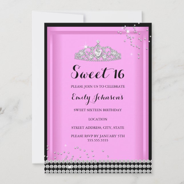 Invitación de cumpleaños 16 dulces Tiara Pink Spar (Anverso)