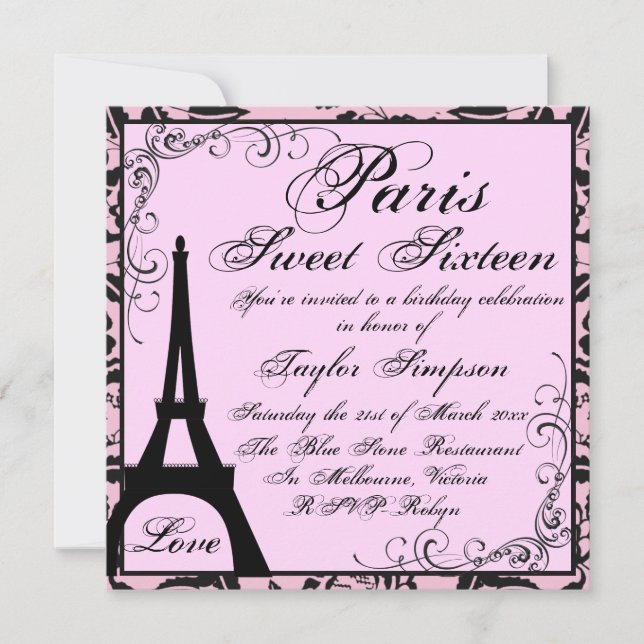 Invitación de cumpleaños 16 en París negro y rosa (Anverso)
