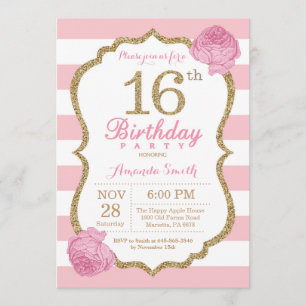 Invitación de cumpleaños 16 Floral rosa y dorada