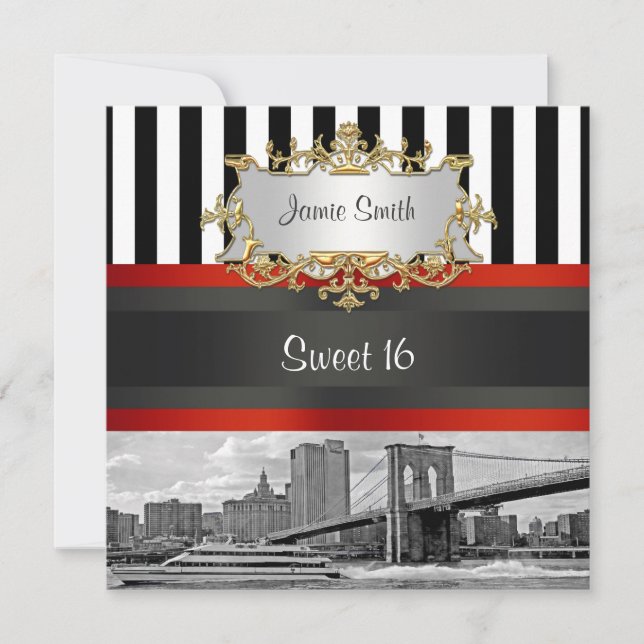Invitación de cumpleaños 16 NYC Skyline Brooklyn B (Anverso)