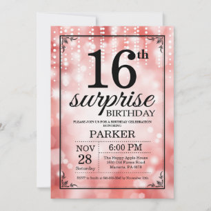 Invitación de cumpleaños 16 sorpresa con brillo ro