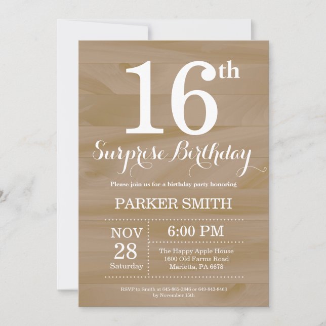 Invitación de cumpleaños 16 sorpresa rústica (Anverso)