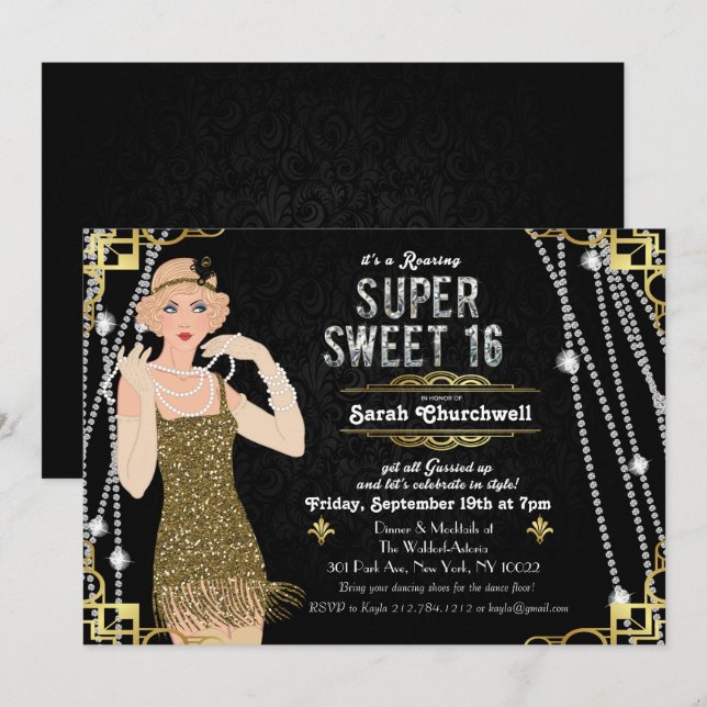 Invitación de cumpleaños 16 Sweet Flapper del Gran (Anverso / Reverso)