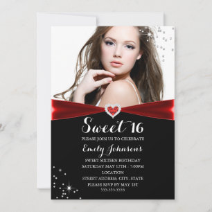 Invitación de cumpleaños 16 Sweet Red Sparkle Hear