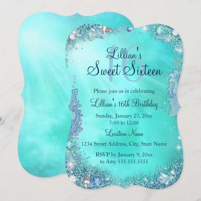 Invitación de cumpleaños 16 Teal Ocean Jewel Sweet (Anverso / Reverso)