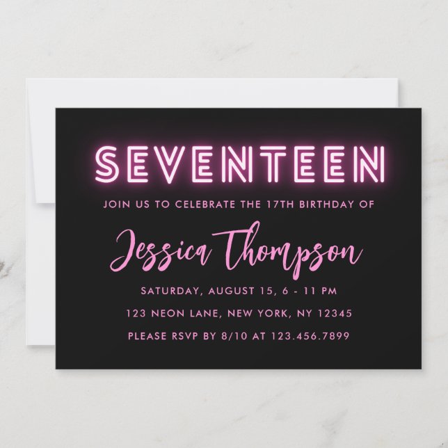Invitación de cumpleaños 17 de Neon Pink (Anverso)