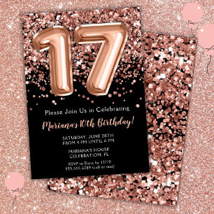 Invitación de cumpleaños 17 negro rosa dorado bril