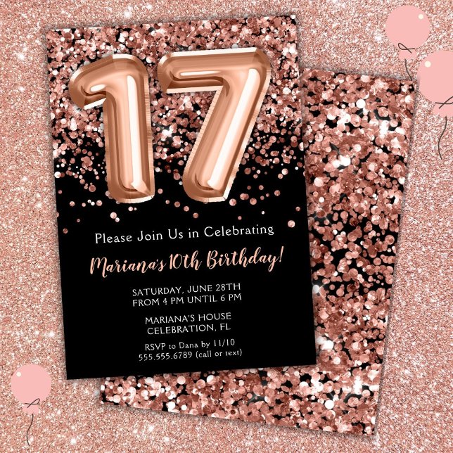 Invitación de cumpleaños 17 negro rosa dorado bril (Subido por el creador)