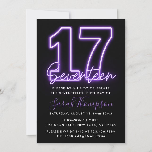 Invitación de cumpleaños 17 Neón morado (Anverso)