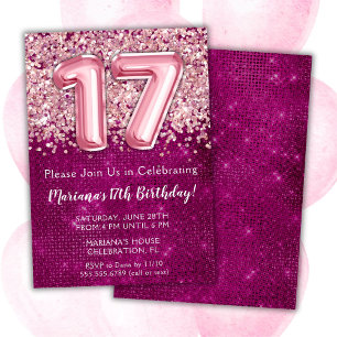 Invitación de cumpleaños 17 niña magenta rosa bril