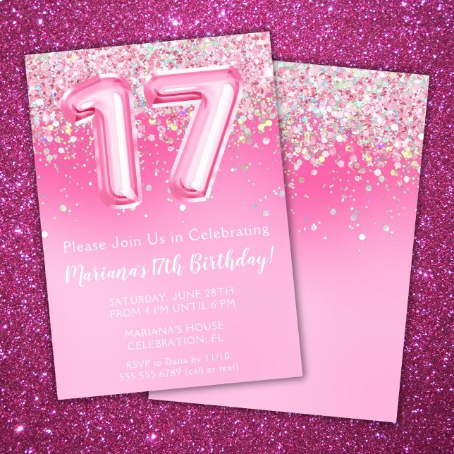 Invitación de cumpleaños 17 rosada Purpurina Girly (Subido por el creador)