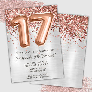 Invitación de cumpleaños 17 Rose Gold Silver