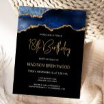 Invitación de cumpleaños 18 Agate Blue Gold<br><div class="desc">Esta trendy invitación de cumpleaños 18 en forma de postal presenta una imagen de acuarela de una geoda de ágata en tonos azules con toques de falso oro. Las palabras "Cumpleaños 18" aparecen en brillo de falso oro en una fuente moderna de escritura a mano decorativa. Personalízala con el nombre...</div>