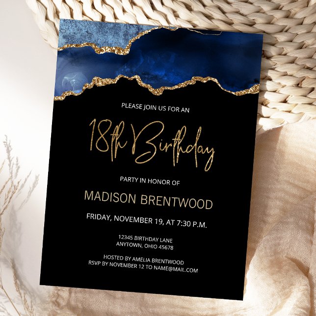 Invitación de cumpleaños 18 Agate Blue Gold (Subido por el creador)