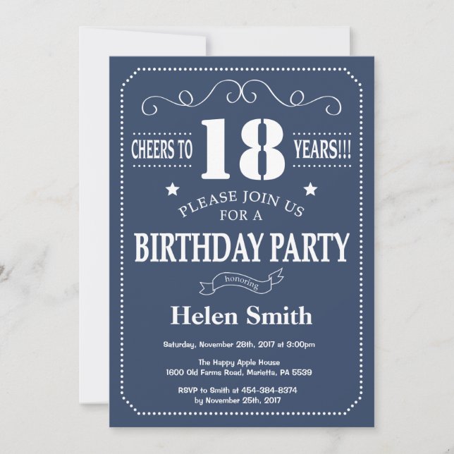 Invitación de cumpleaños 18 Azul y Blanco (Anverso)