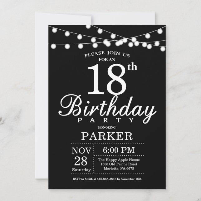 Invitación de cumpleaños 18: Blanco y negro (Anverso)