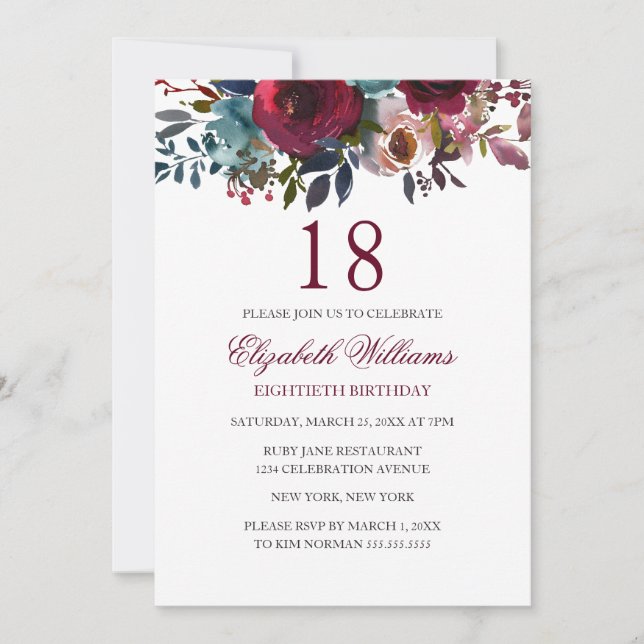 Invitación de cumpleaños 18 con acuarela floral de (Anverso)