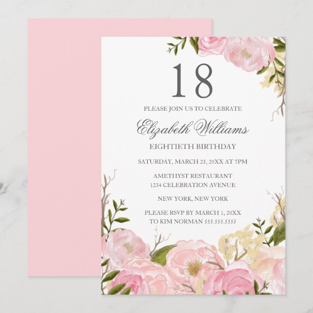 Invitación de cumpleaños 18 con flores de acuarela (Anverso / Reverso)