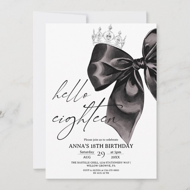 Invitación de cumpleaños 18 con lazo negro diecioc (Anverso)