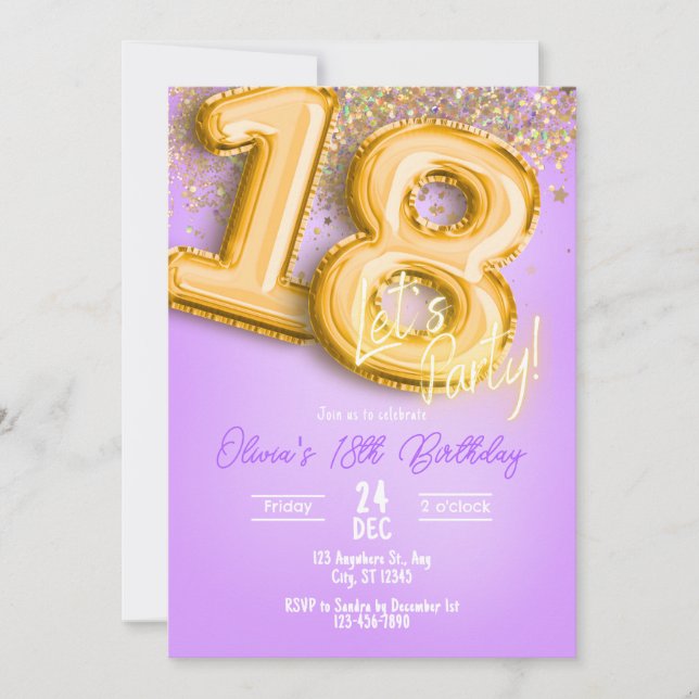 Invitación de cumpleaños 18 con purpurina morada (Anverso)