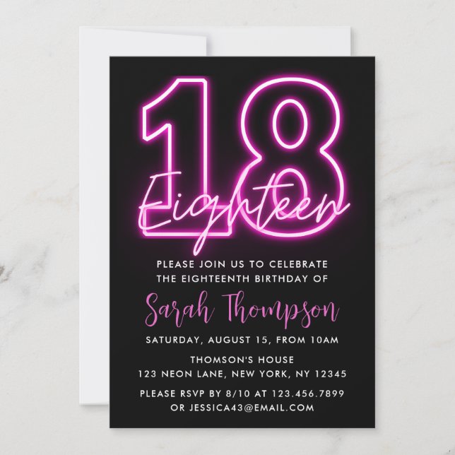 Invitación de cumpleaños 18 de Neon Pink (Anverso)