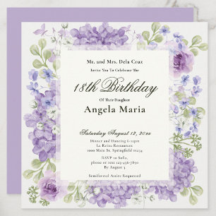 Invitación de cumpleaños 18 elegante flores púrpur