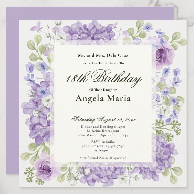Invitación de cumpleaños 18 elegante flores púrpur (Subido por el creador)