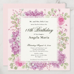 Invitación de cumpleaños 18 elegante flores rosada