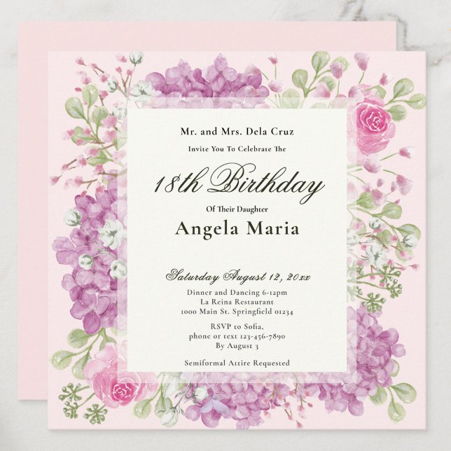 Invitación de cumpleaños 18 elegante flores rosada (Subido por el creador)