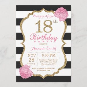 Invitación de cumpleaños 18 Floral de oro negro ro