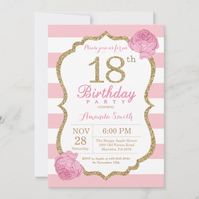 Invitación de cumpleaños 18 Floral rosa y dorada (Anverso)