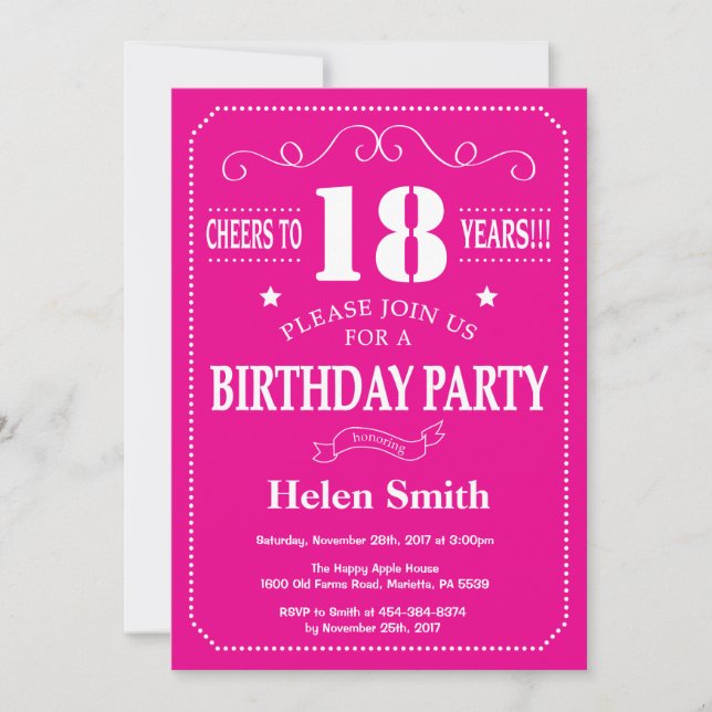 Invitación de cumpleaños 18 Hot Pink y Blanco (Anverso)
