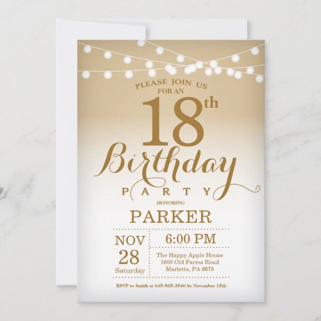 Invitación de cumpleaños 18 Luces de cuerda de oro (Anverso)