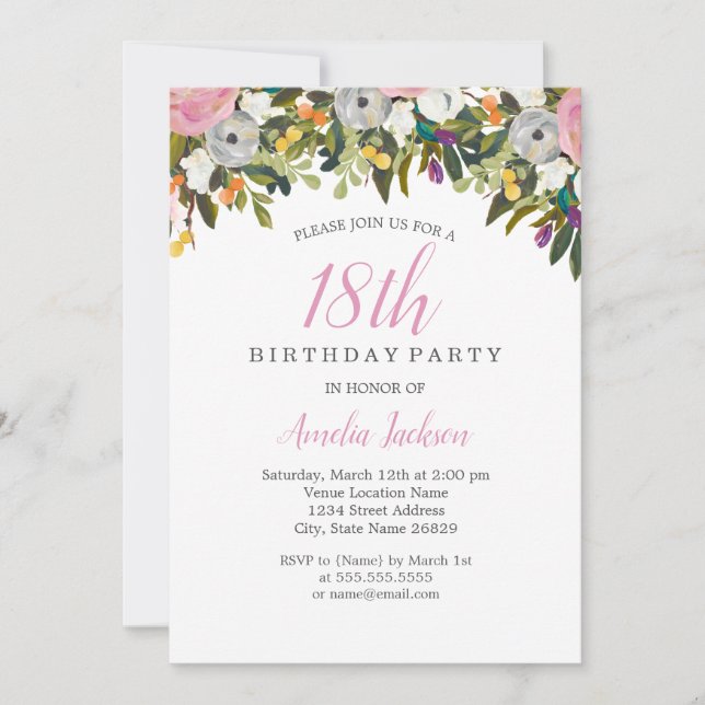 Invitación de cumpleaños 18 moderno floral rosa (Anverso)