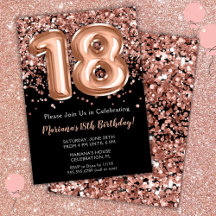 Invitación de cumpleaños 18 negro rosa dorado bril