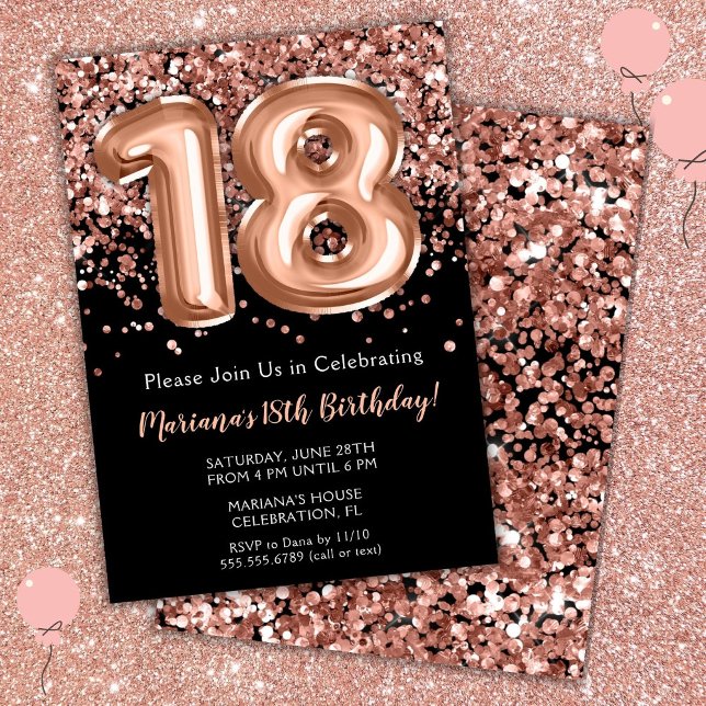 Invitación de cumpleaños 18 negro rosa dorado bril (Subido por el creador)