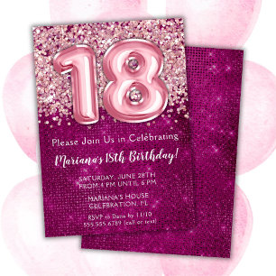 Invitación de cumpleaños 18 niña magenta rosa bril