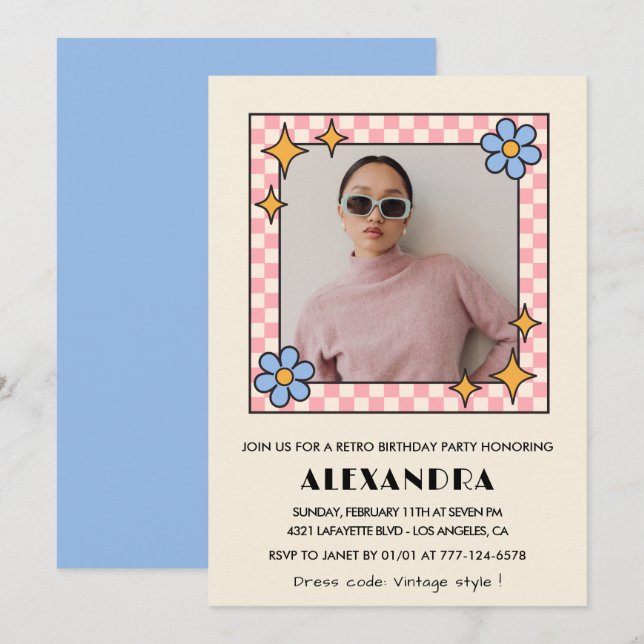 invitación de cumpleaños 18 Retro Groovy Floral Az (Anverso / Reverso)