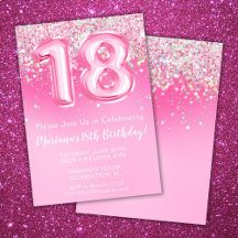 Invitación de cumpleaños 18 rosa niña brillo rosa