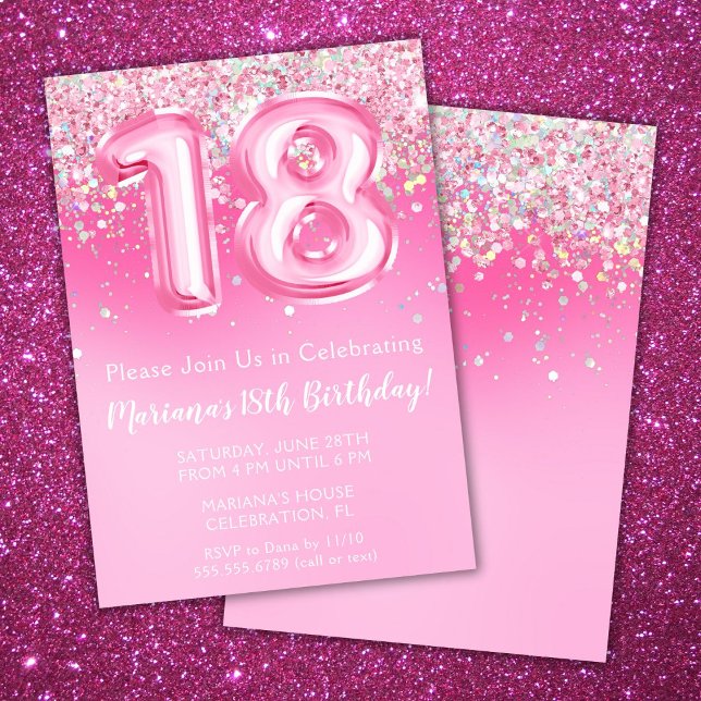 Invitación de cumpleaños 18 rosada Purpurina Girly (Subido por el creador)