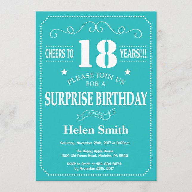 Invitación de cumpleaños 18 sorpresa azul turquesa (Anverso)
