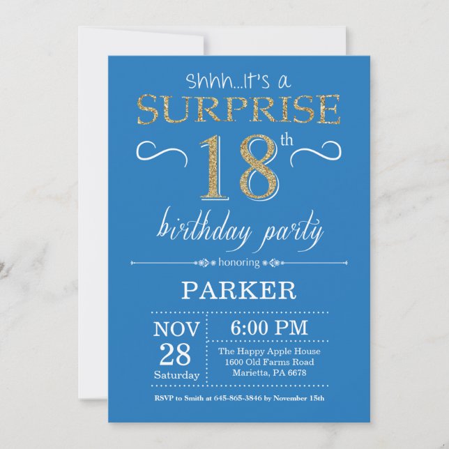 Invitación de cumpleaños 18 sorpresa azul y dorado (Anverso)