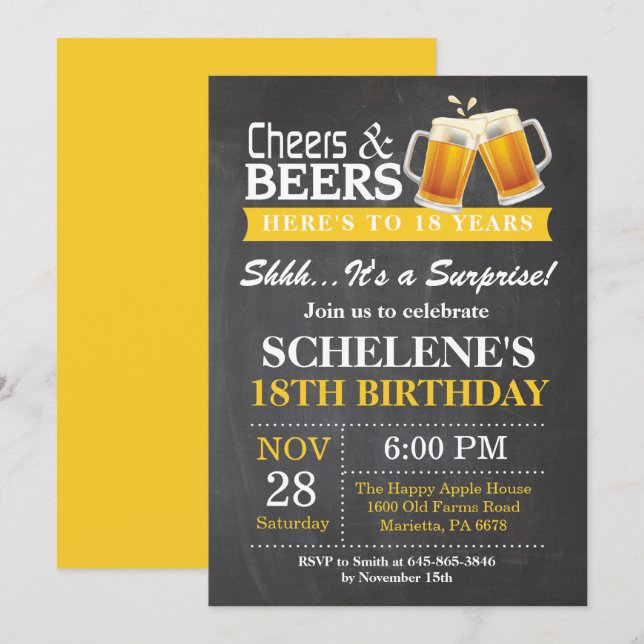 Invitación de cumpleaños 18 Sorpresa Cheers y Cerv (Anverso / Reverso)