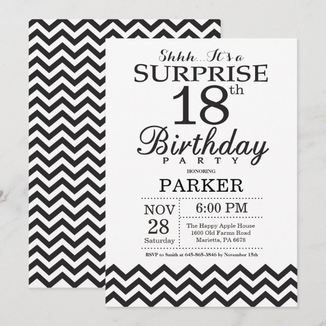 Invitación de cumpleaños 18 sorpresa Chevron negro (Anverso / Reverso)